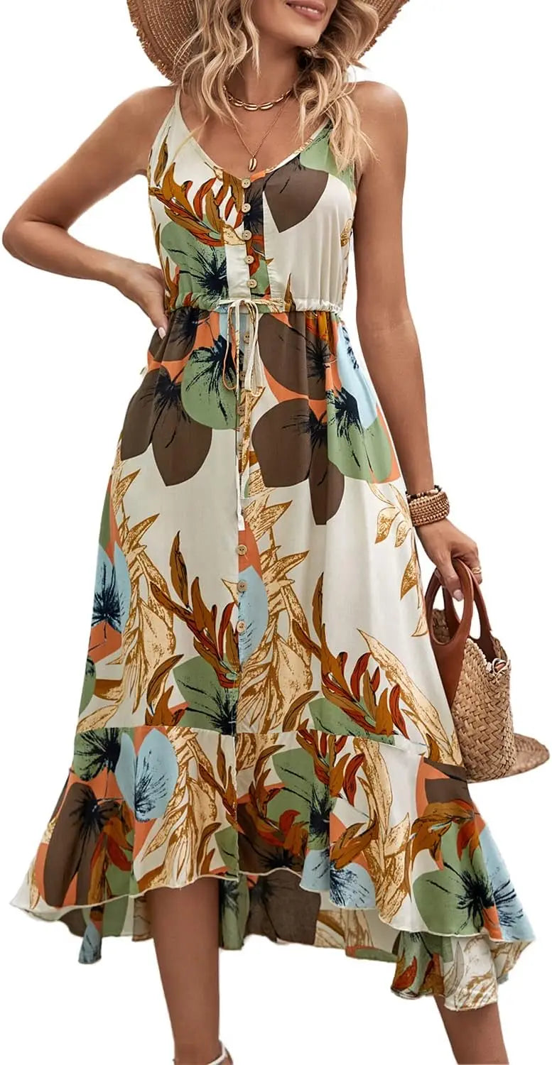 Boho SundrPolka Dot Spaghetti Strap V Neck Flowy Midi Dresses