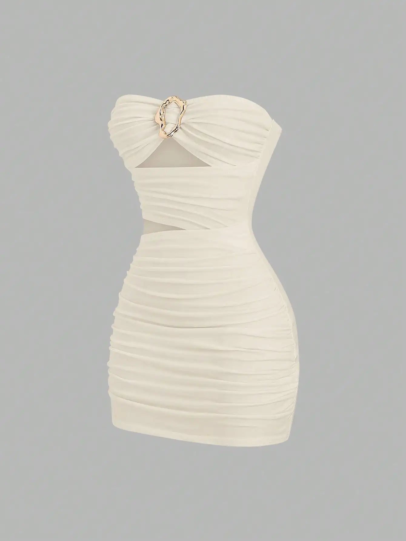 Ruched Strapless Mini Dress With Cutout Waist And Ornamental Metal Ring