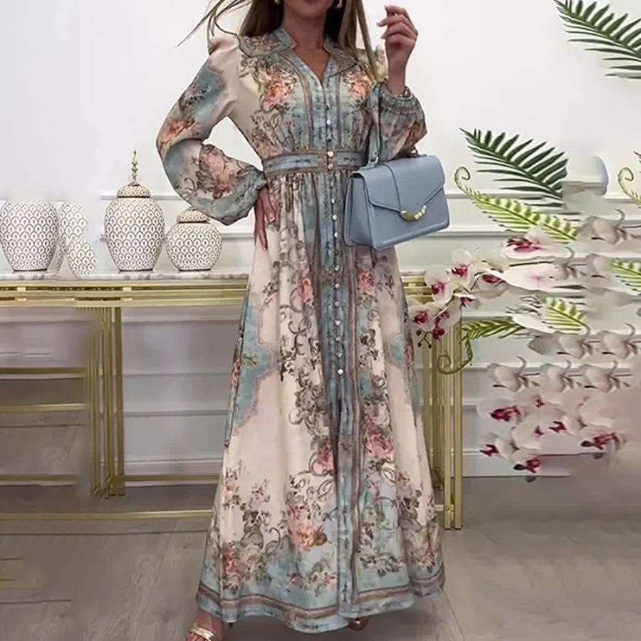 European and American women's clothing spring new style retro court V-neck long-sleeved printed large dress