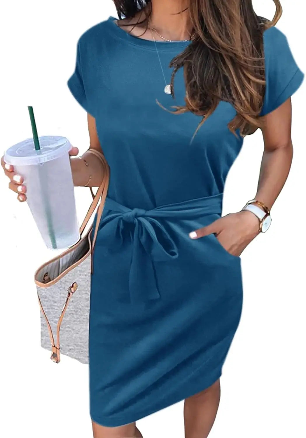 Casual T Shirt DrShort Sleeve Striped Tie Waist Work Vacation Trendy Short Dresses