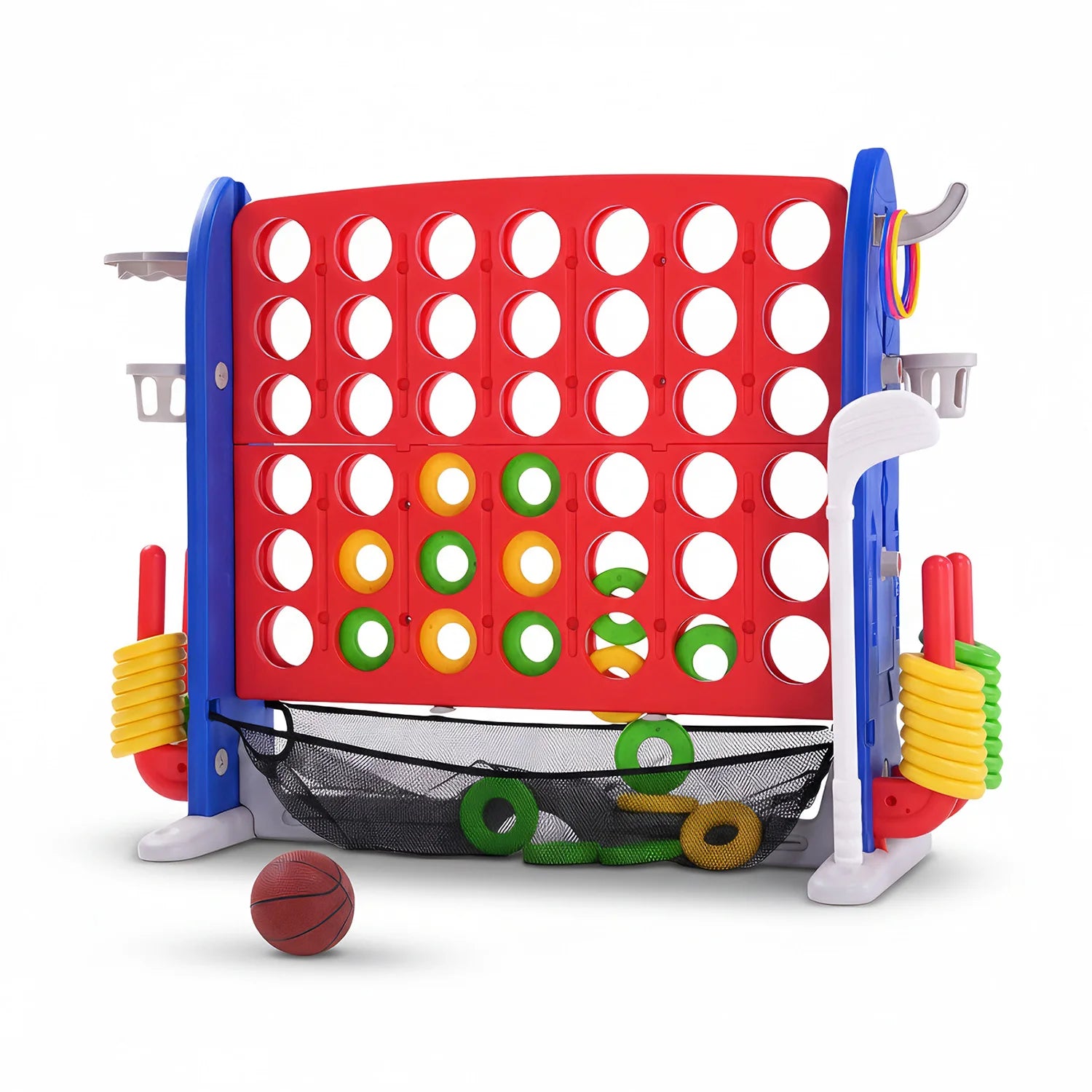 4-in-1 Giant Connect Game Set Adjustable Height, Basketball Hoop, Ring Toss and Net Jumbo Outdoor