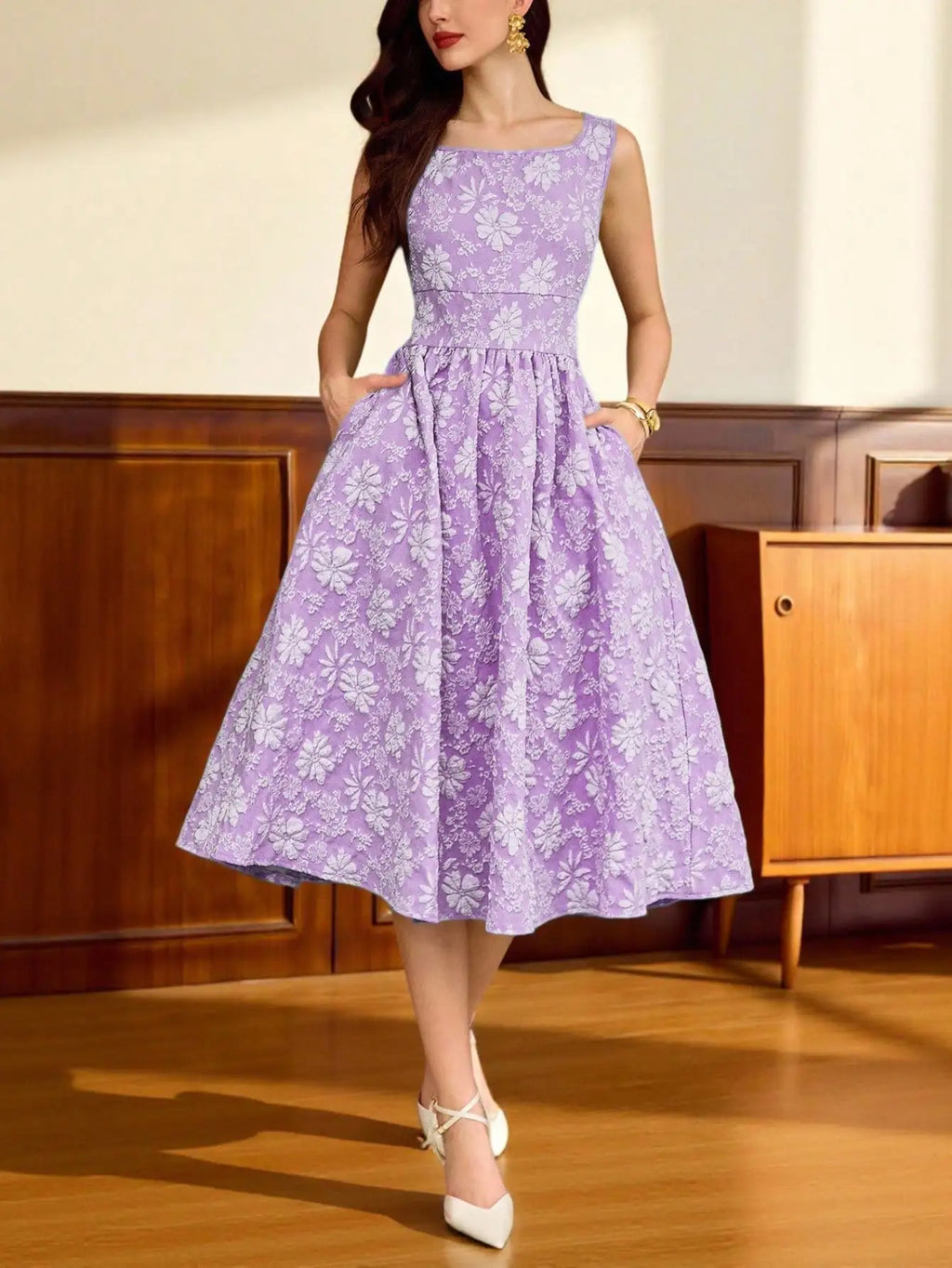 Light Blue Floral Textured Sleeveless Square Neck A-Line Midi Dress With Pockets