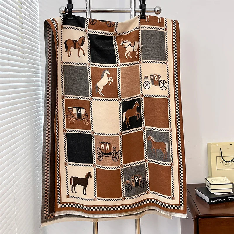 Poncho Cashmere Winter Women Scarf Horse Print Shawl Wrap