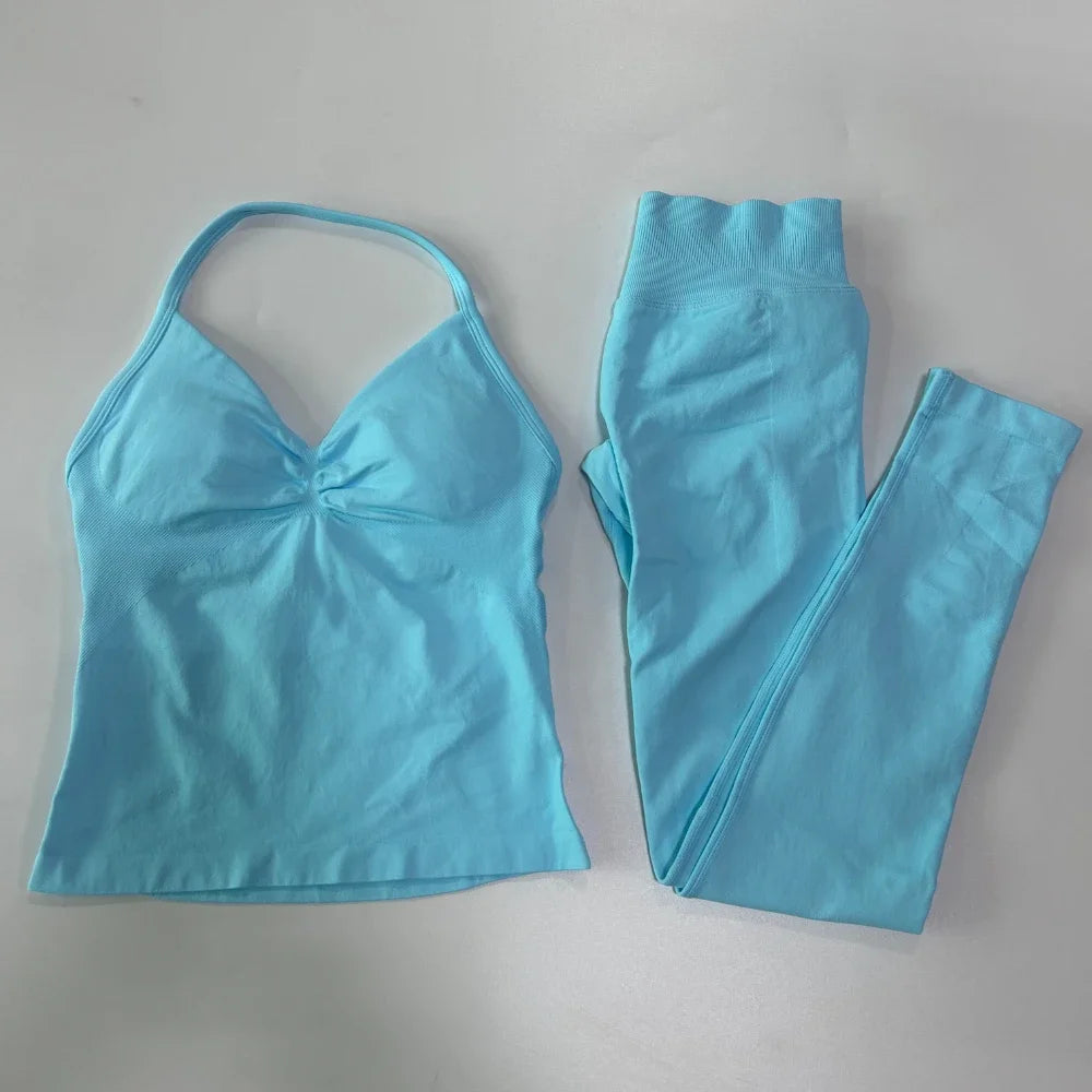 No Logo Seamless Gym Set Women Tank Tops High Waist Yoga Leggings Fitness Clothes Workout Sets Gym Suit Activewear