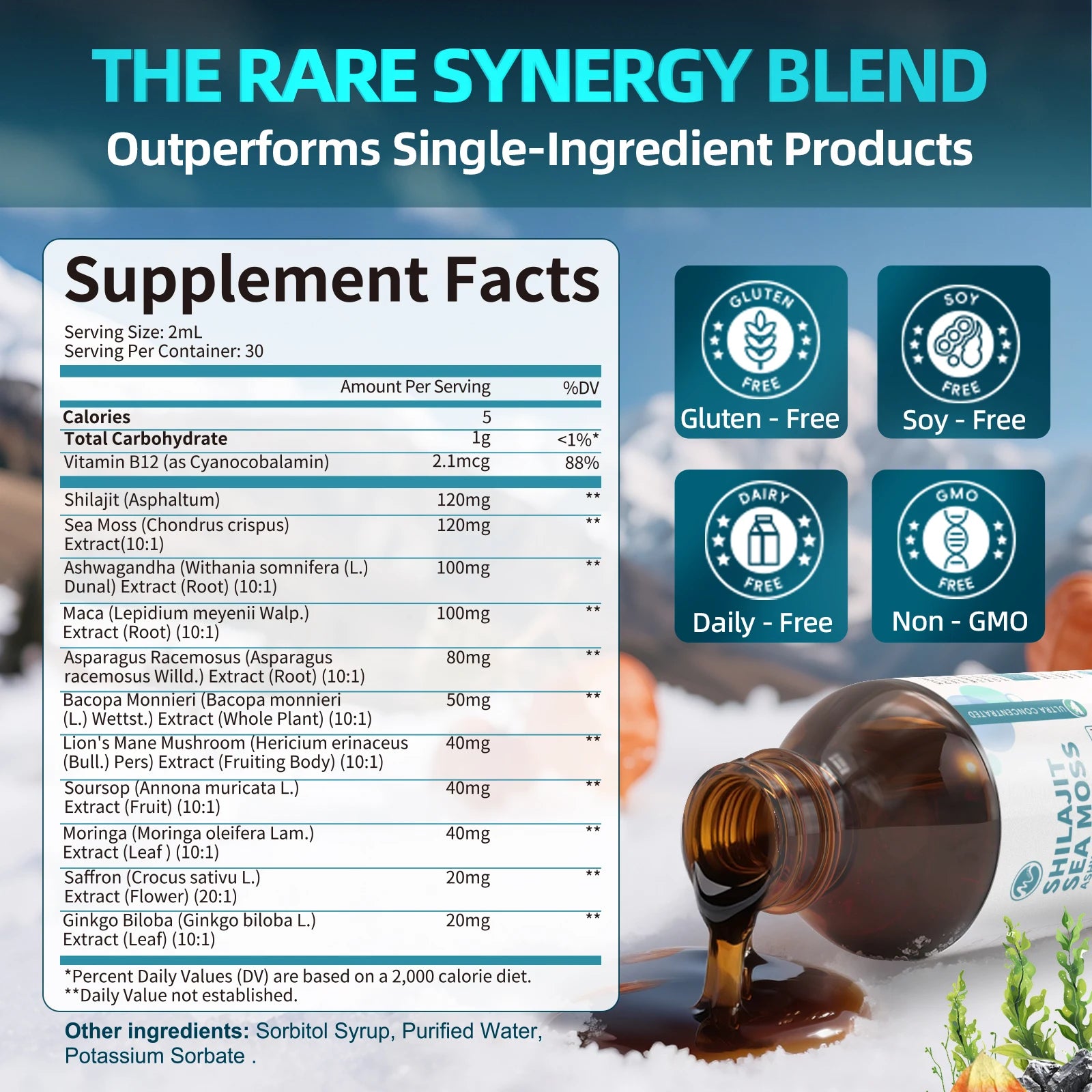 12-in-1 Shilajit Drops with Sea Moss,Ashwagandha,Maca & Ginkgo Biloba Supplement with 85+ Trace Minerals and Fulvic Acid