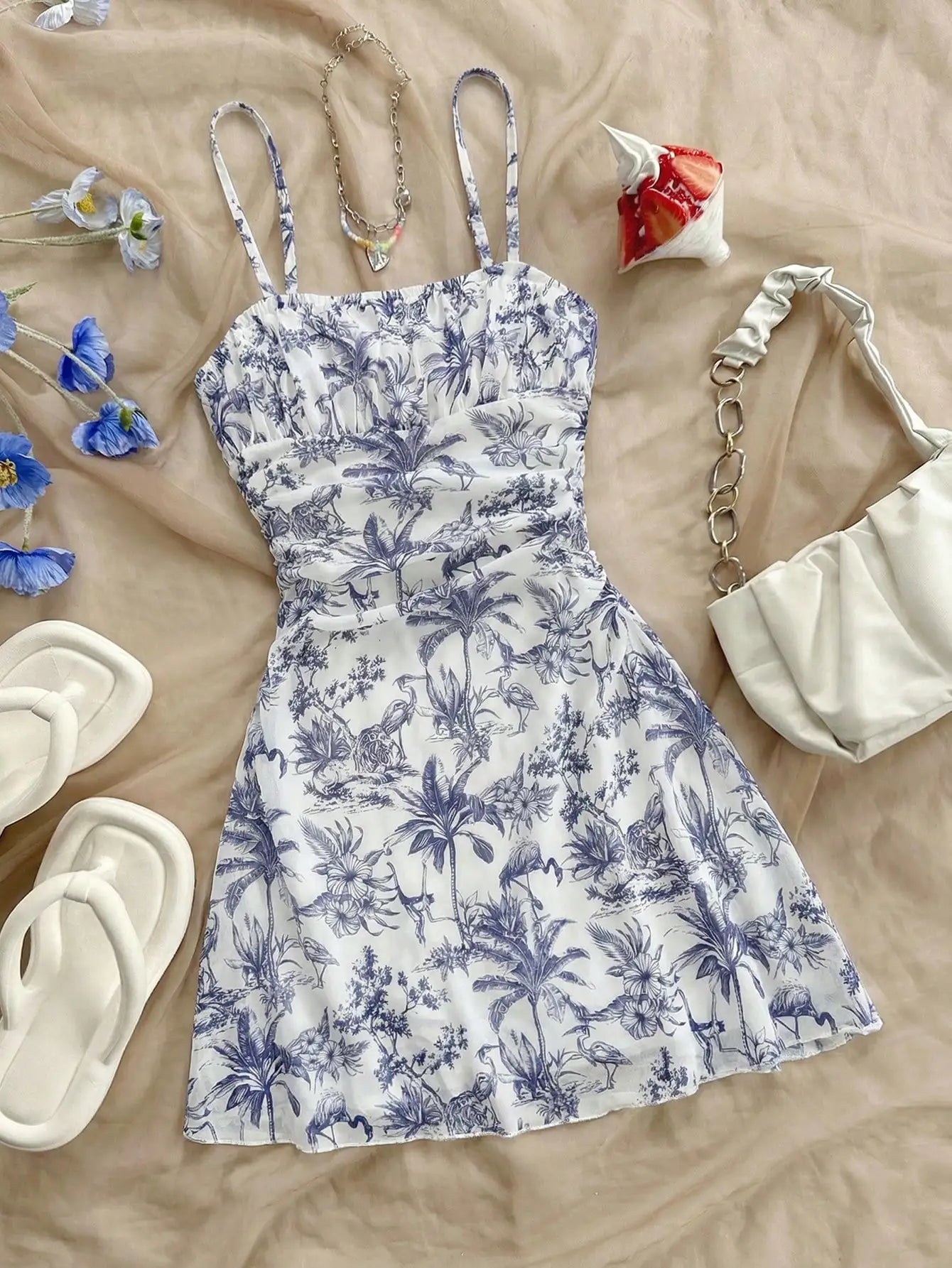 Blue and White Floral Print Ruched Strap Dress for Teen Girls, Summer Casual Style