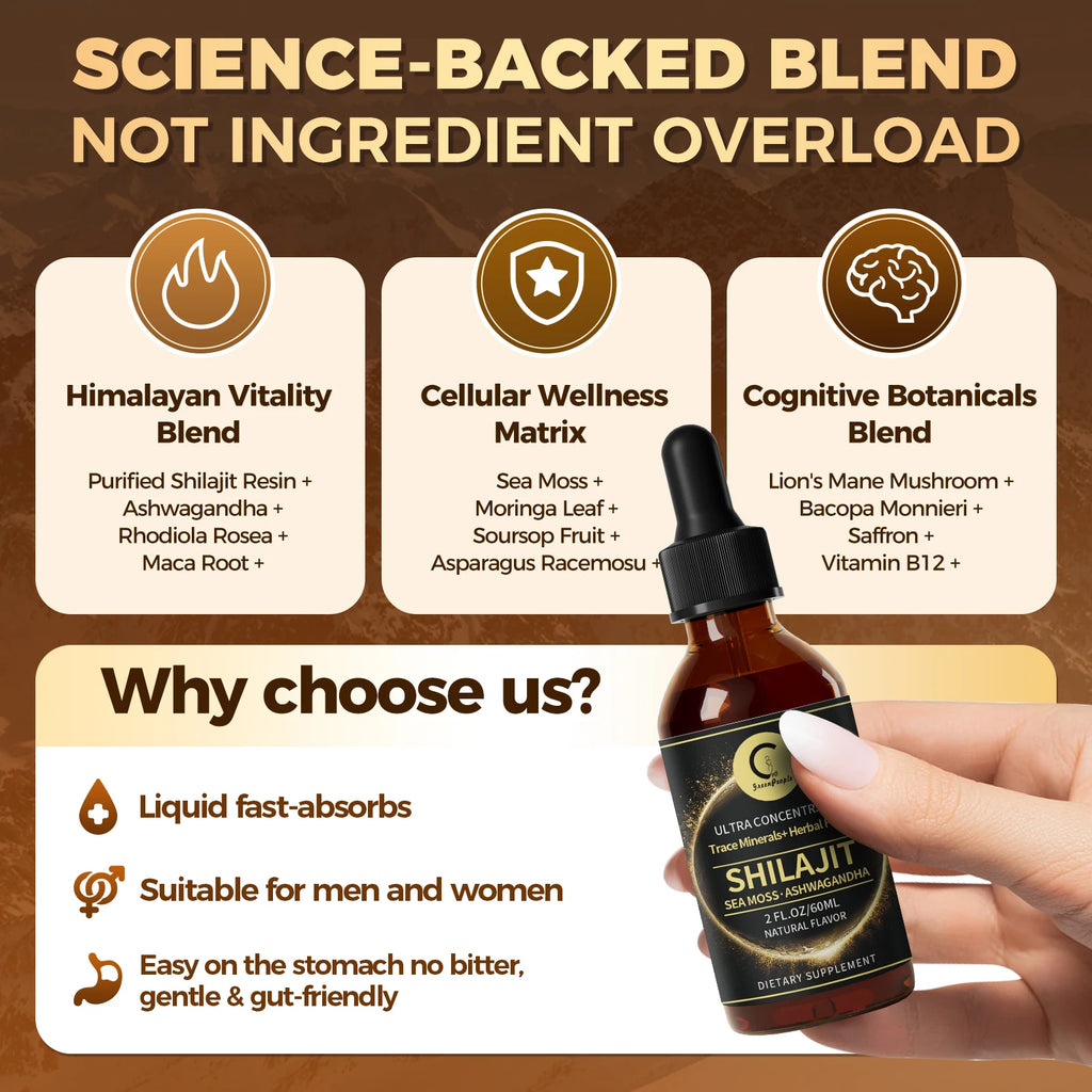 Shilajit Liquid Drops with Sea Moss, Ashwagandha, Maca, Moringa