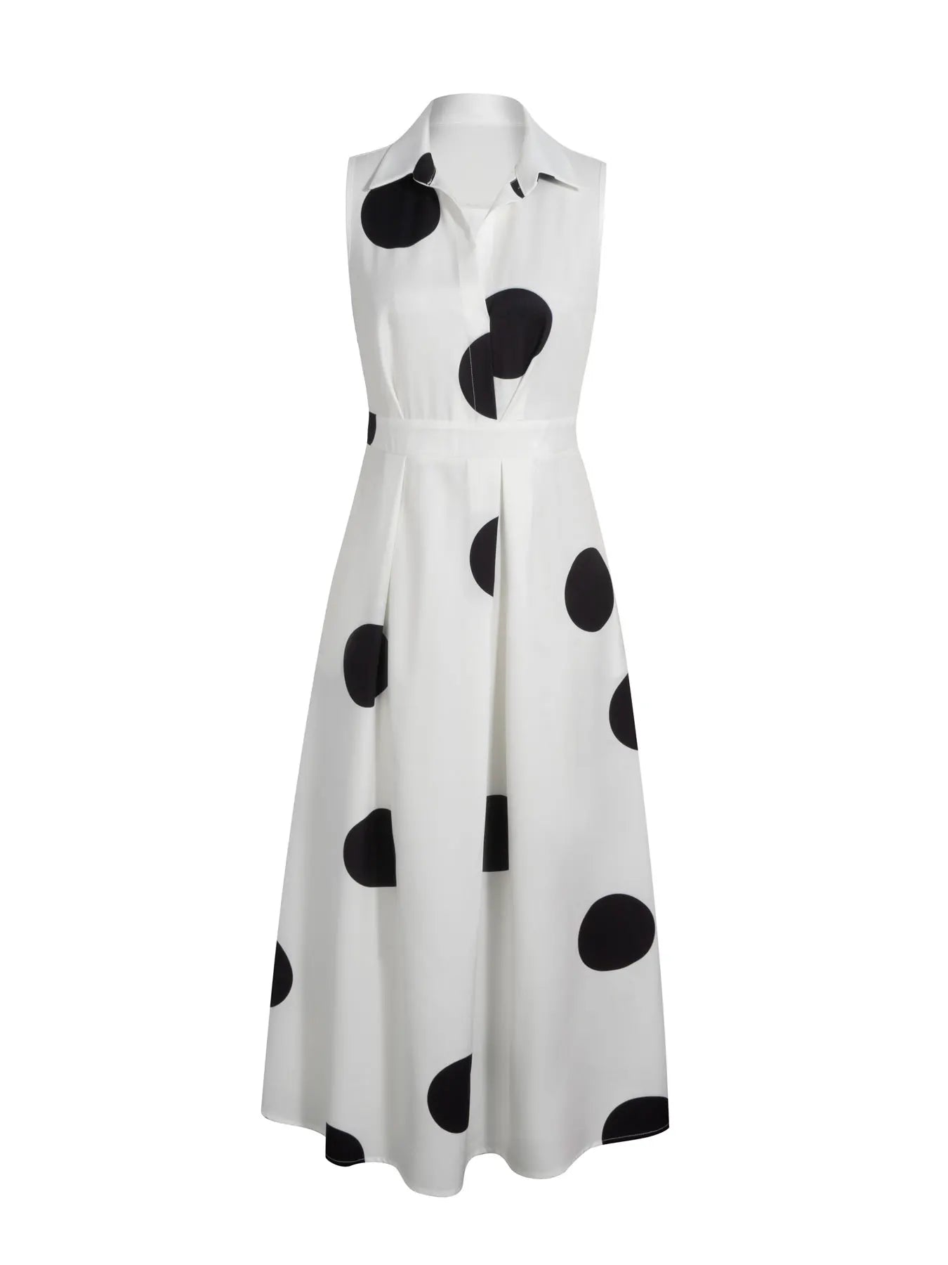 White Black Big Polka Dot Sleeveless Shirt Collar Cutout Waist Flared Maxi Dress Retro Elegant Style
