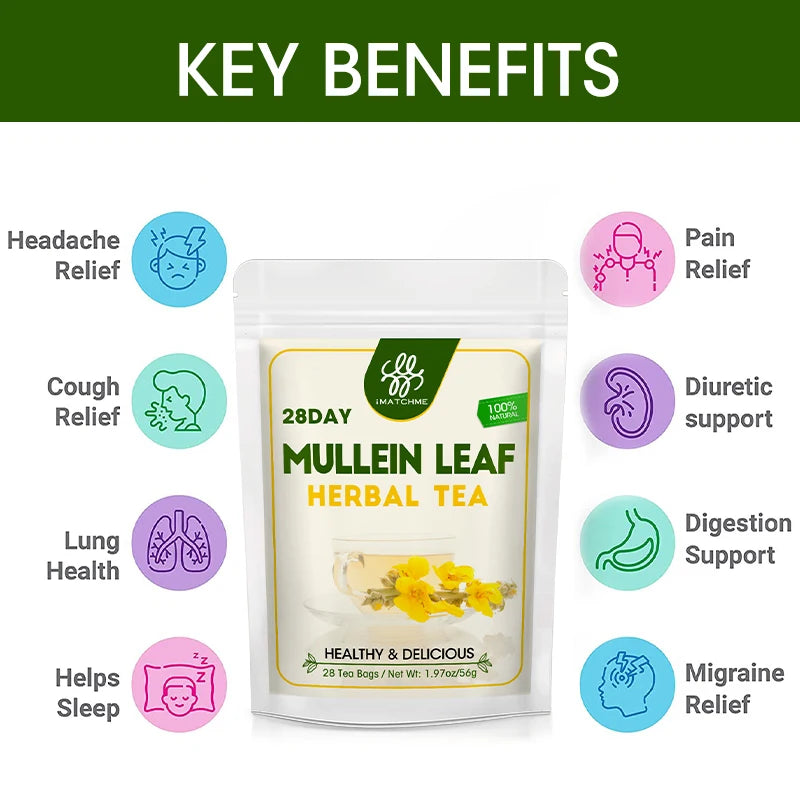 Mullein Leaf Tea, Mullein Tea Bags for Lung Cleanse, Respiratory Support, Herbal Tea Caffeine Free, Non-GMO