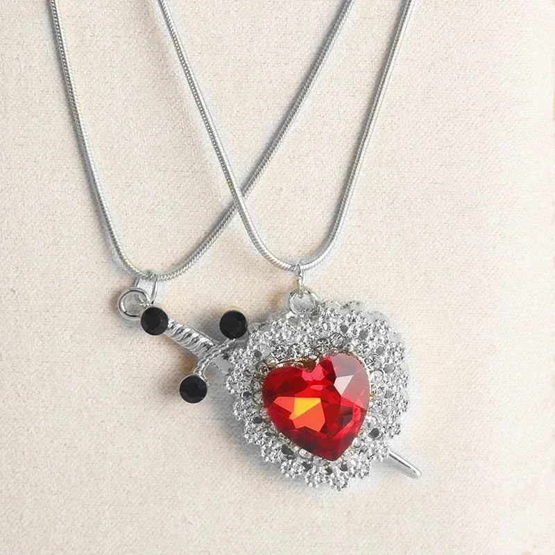 Heart and Sword Zircon Pendant Necklace for Women Men Couple Silver Gold Plated Choker Chain Jewelry