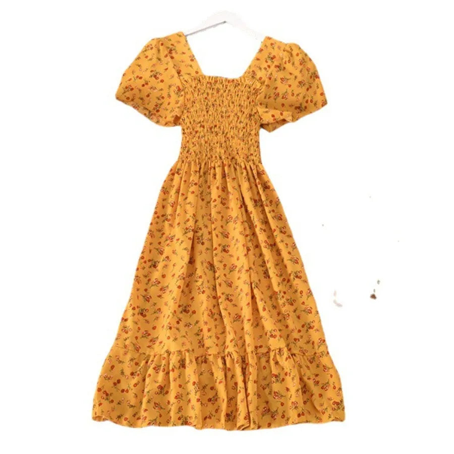 retro square collar floral waist slimming flounce splicing dress