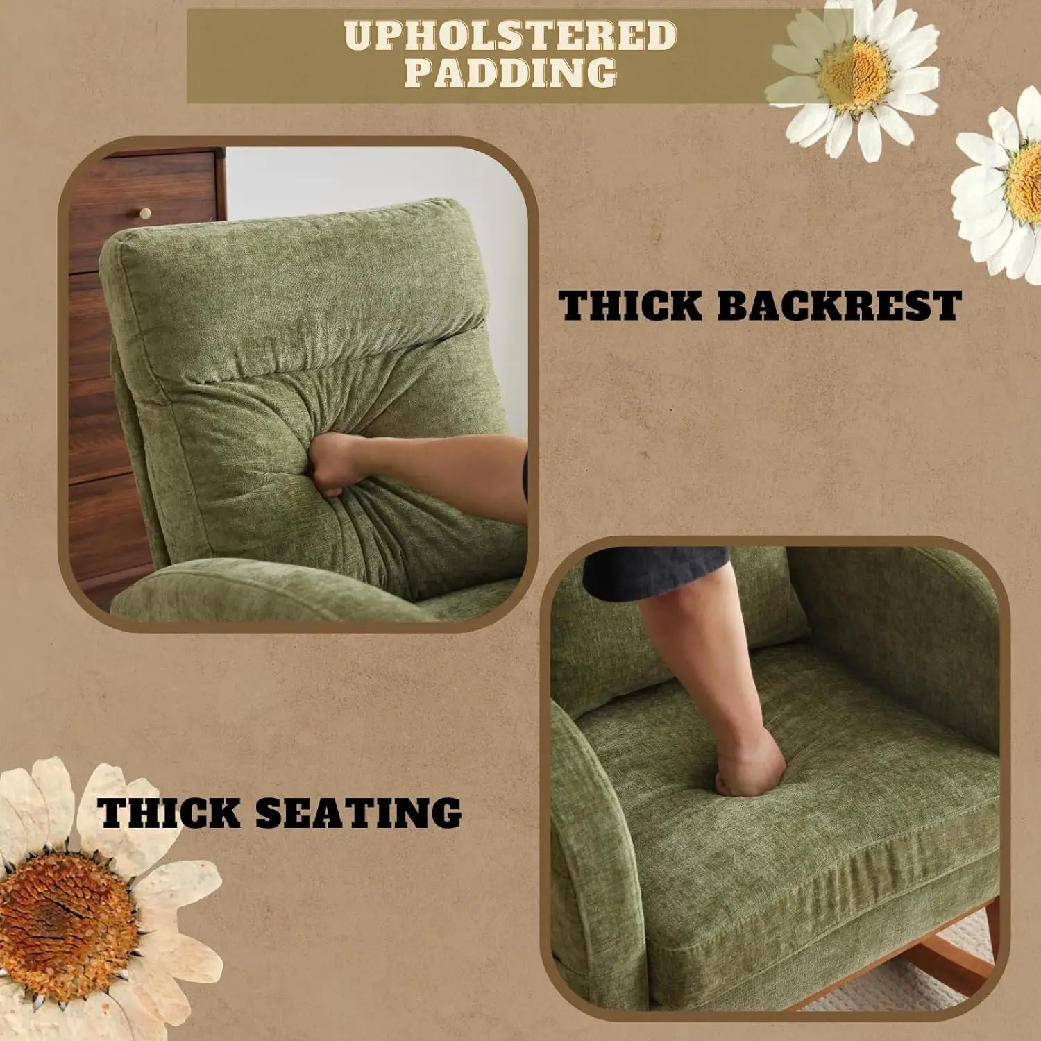 Olive Chenille Rocking Chair Nursery with Thick Headrest, Upholstered Mid-Century Modern Nursing Rocker