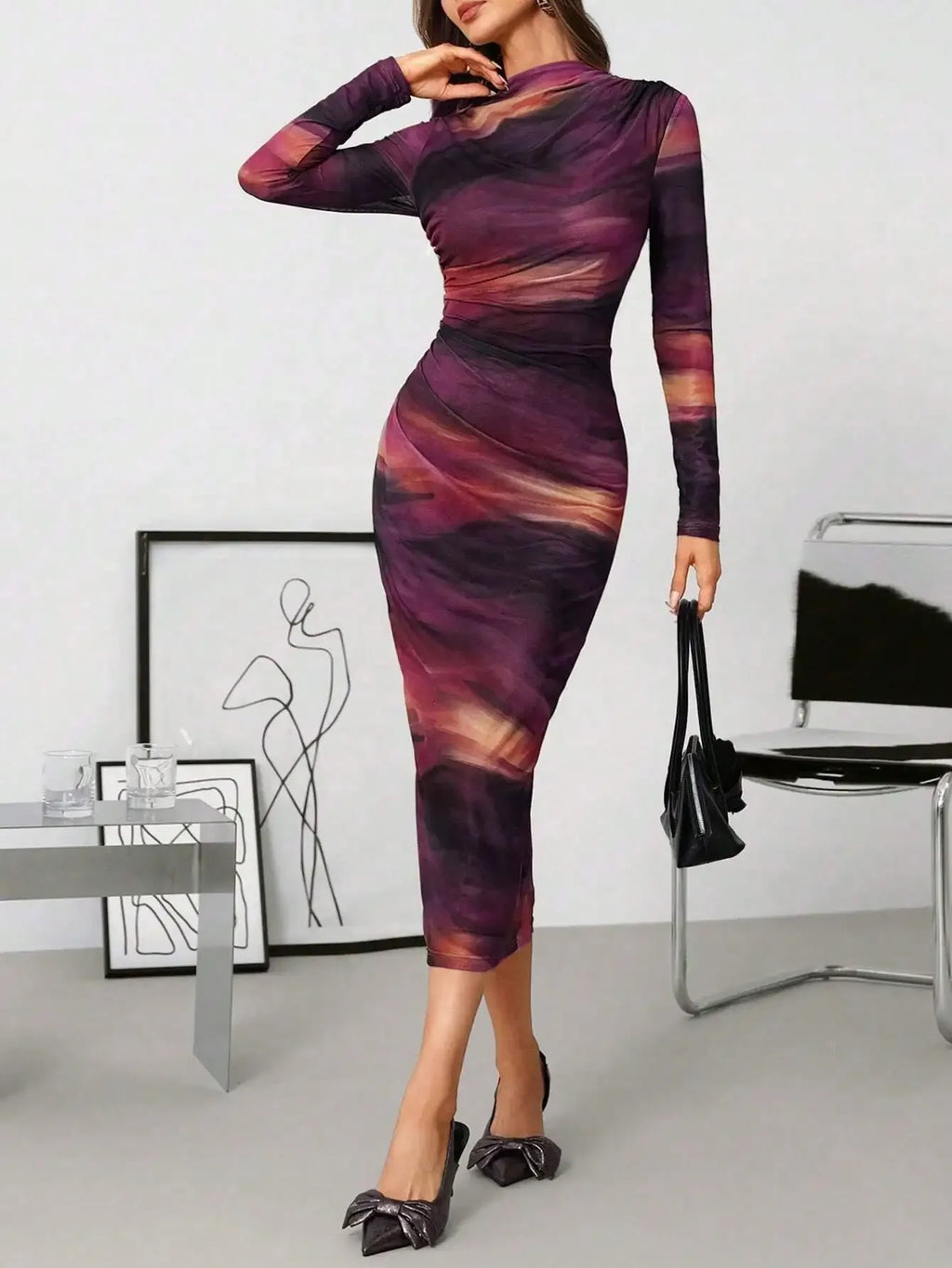 Women's Asymmetrical Ruched Mesh Knit Midi Dress with Gradient Print