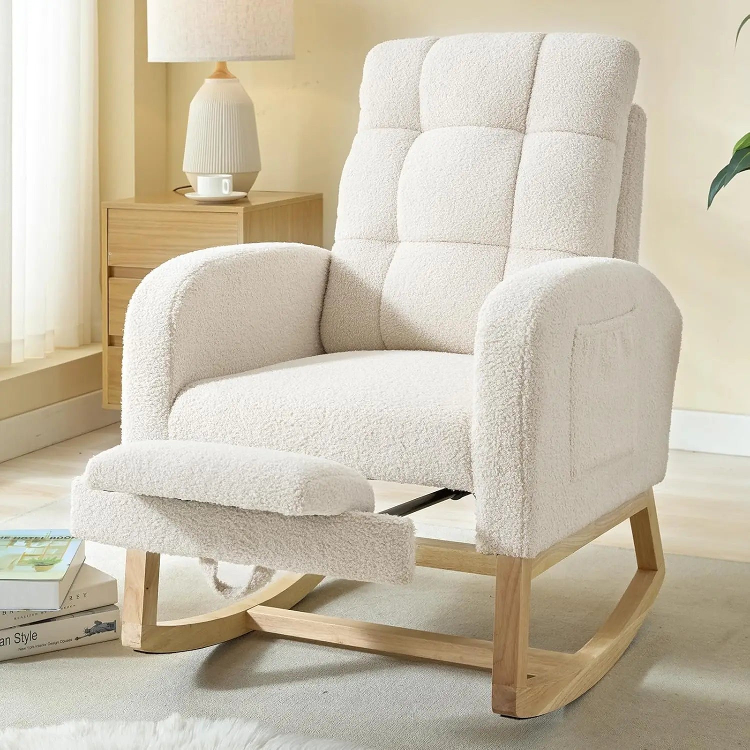 Modern Nursery Rocking Chair, Teddy Upholstered Rocking Chair with Footrest, Comfortable Rocker Recliner