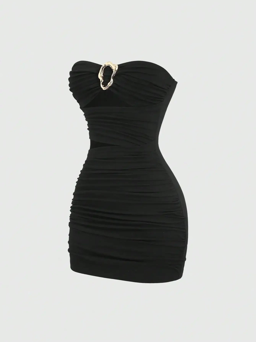Ruched Strapless Mini Dress With Cutout Waist And Ornamental Metal Ring