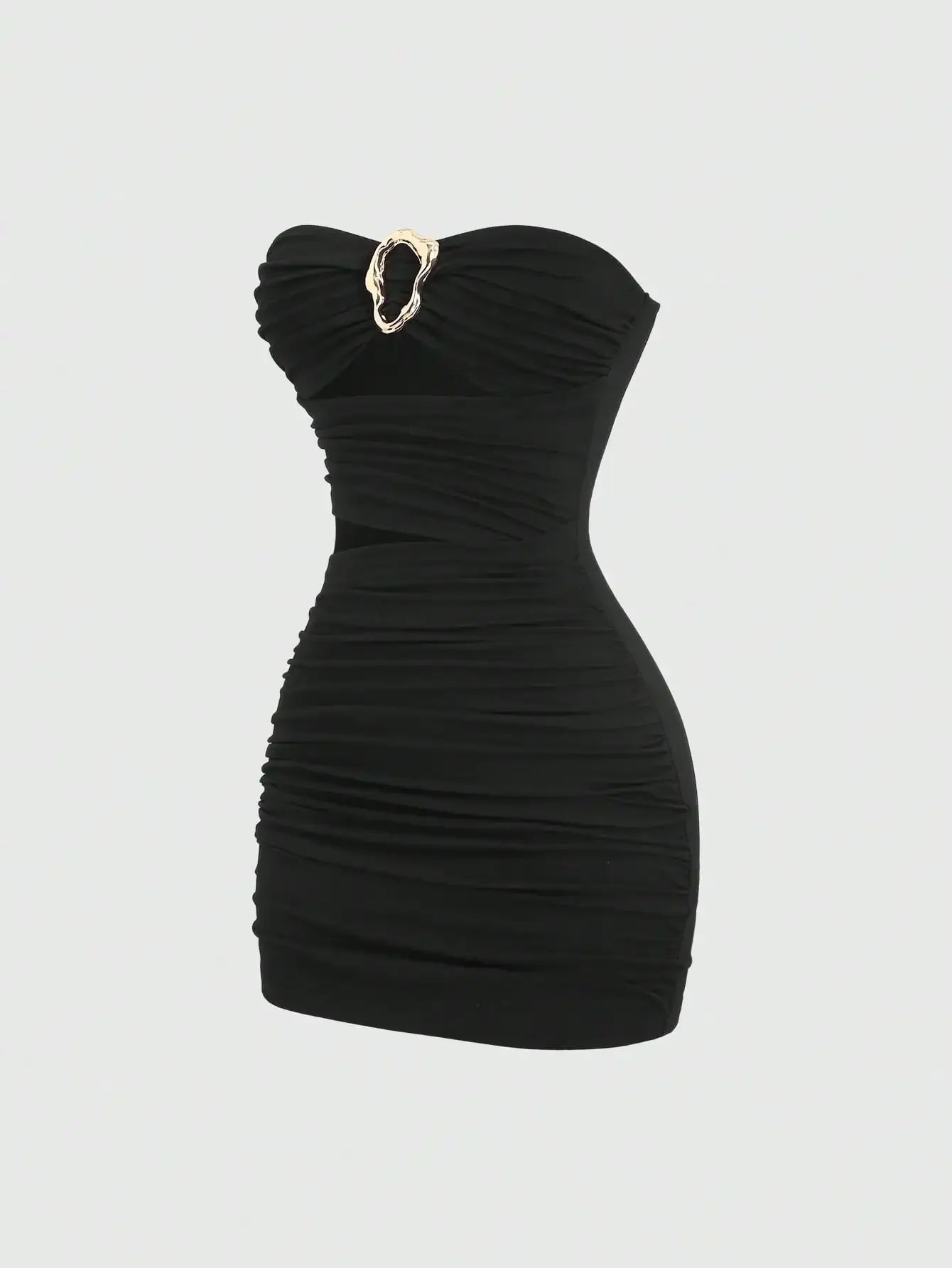 Ruched Strapless Mini Dress With Cutout Waist And Ornamental Metal Ring