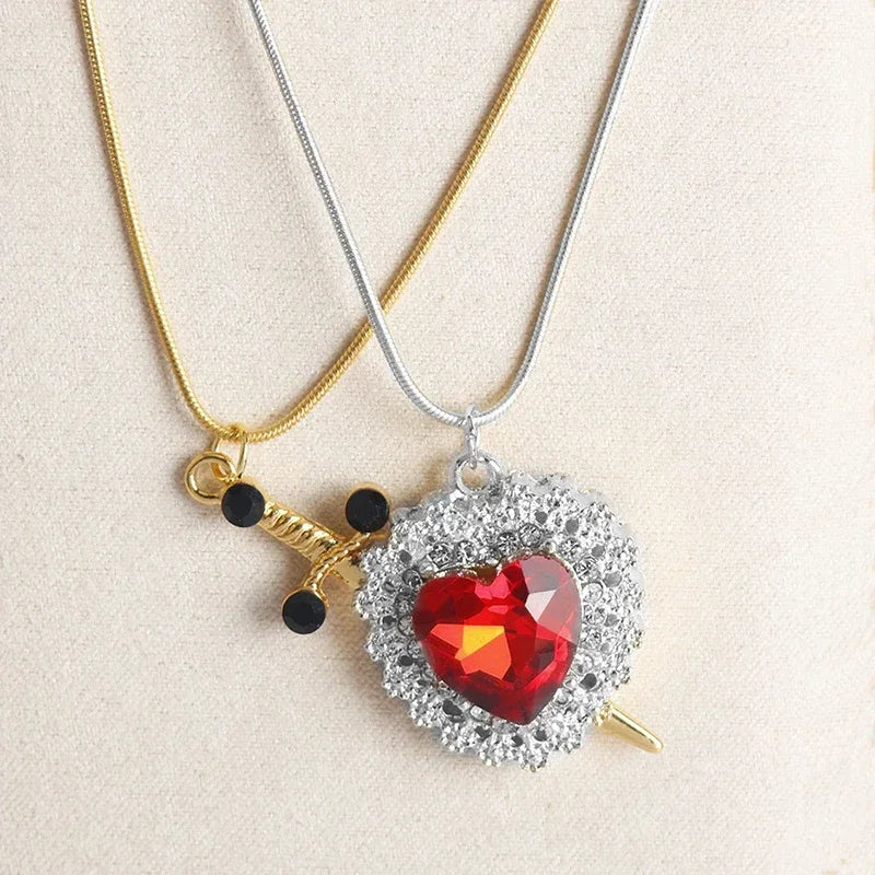 Heart and Sword Zircon Pendant Necklace for Women Men Couple Silver Gold Plated Choker Chain Jewelry