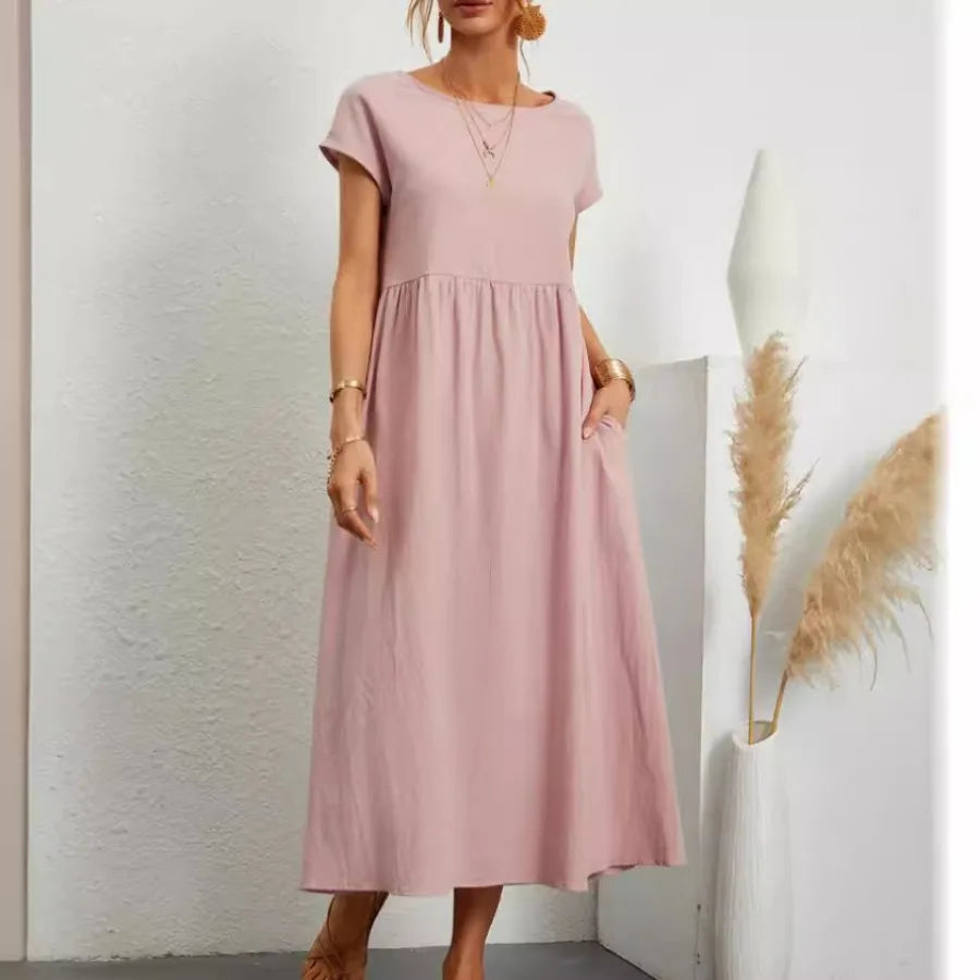 solid color sleeveless loose linen pocket women's dress in stock