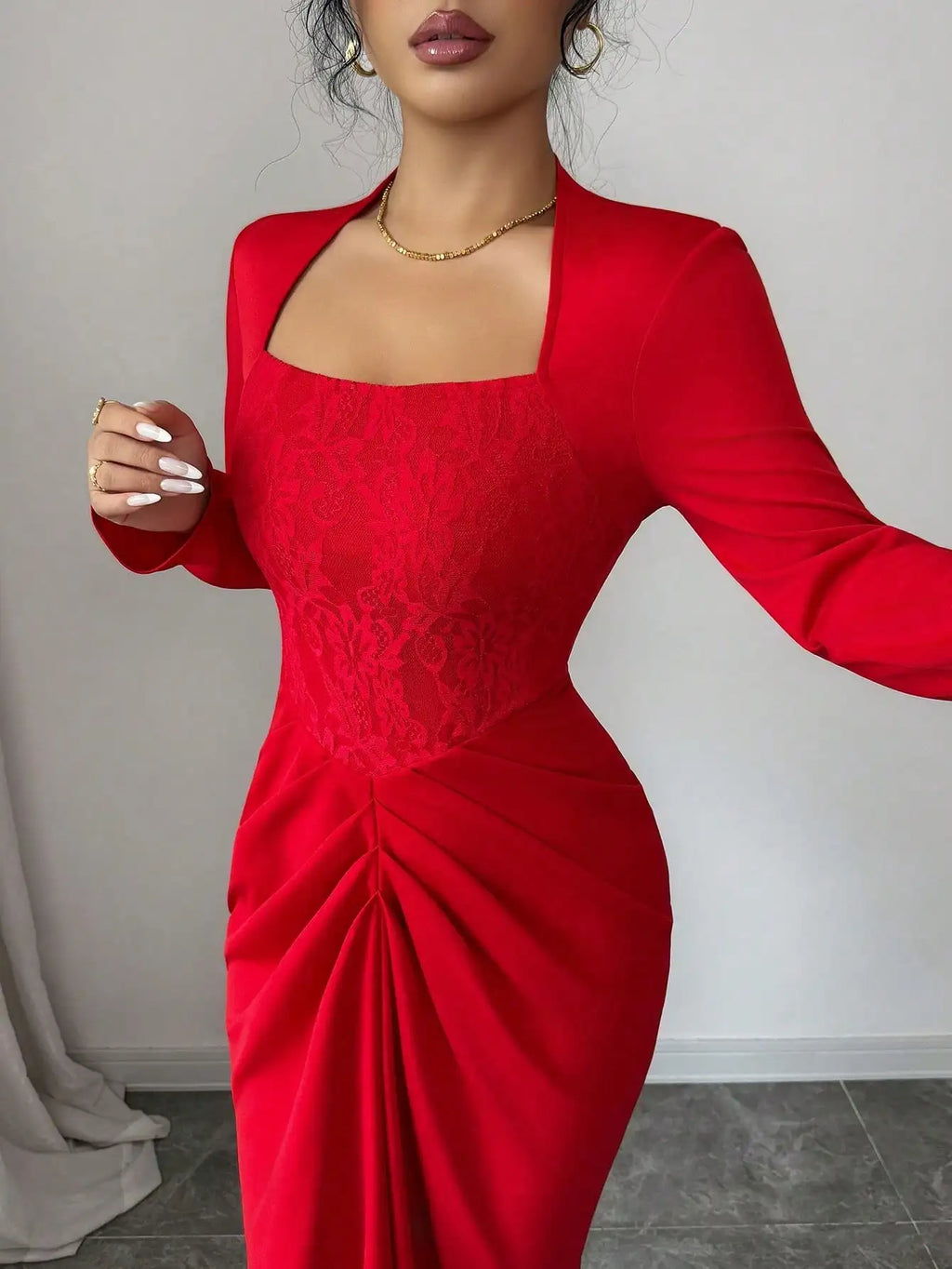 Red Lace Panel Square Neck Long Sleeve Fitted Maxi Dress with Ruched Skirt