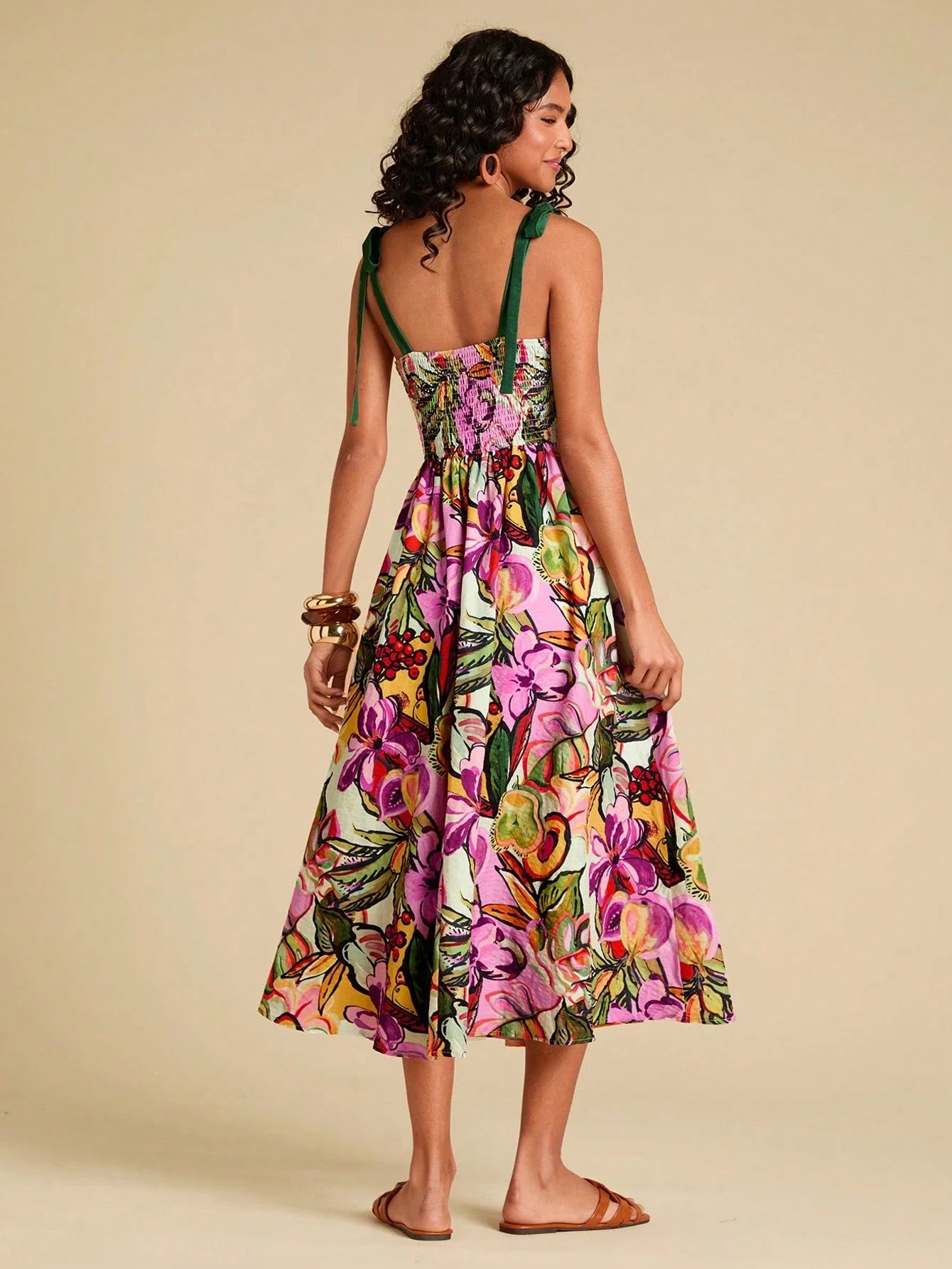 Floral Print Spaghetti Strap Midi Dress For Women Bohemian Beach Style