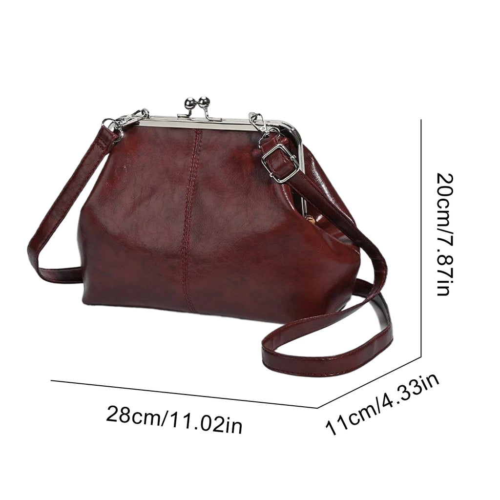 Leather Solid Color Shoulder Bag with Adjustable Strap Elegant Kiss Lock Shoulder Bag