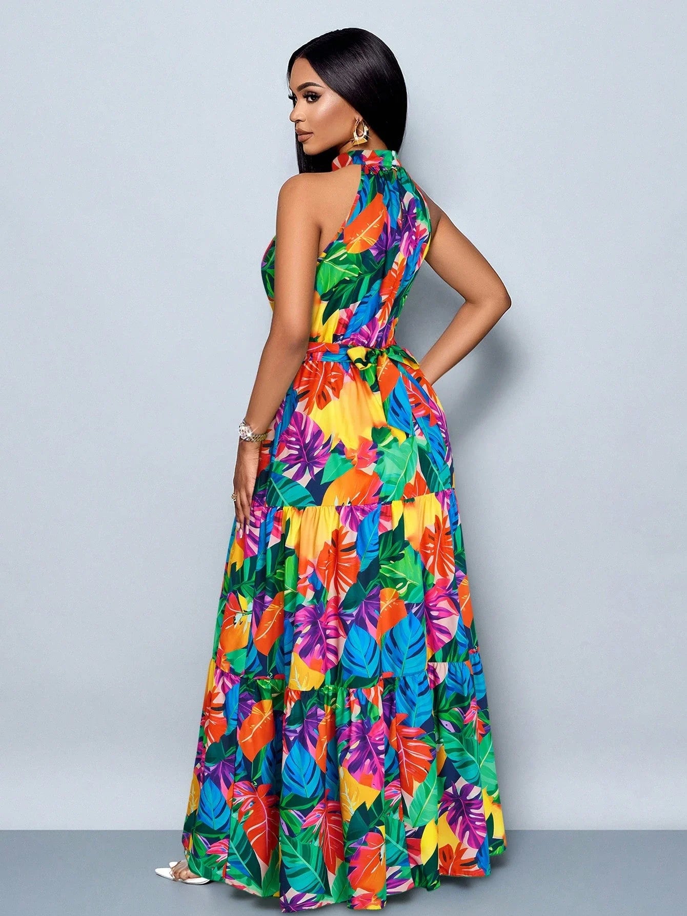 Women's Halter Neck Floral Print Tiered Maxi Dress With Belt Flowy Vacation Dress