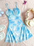 Blue and White Floral Print Ruched Strap Dress for Teen Girls, Summer Casual Style