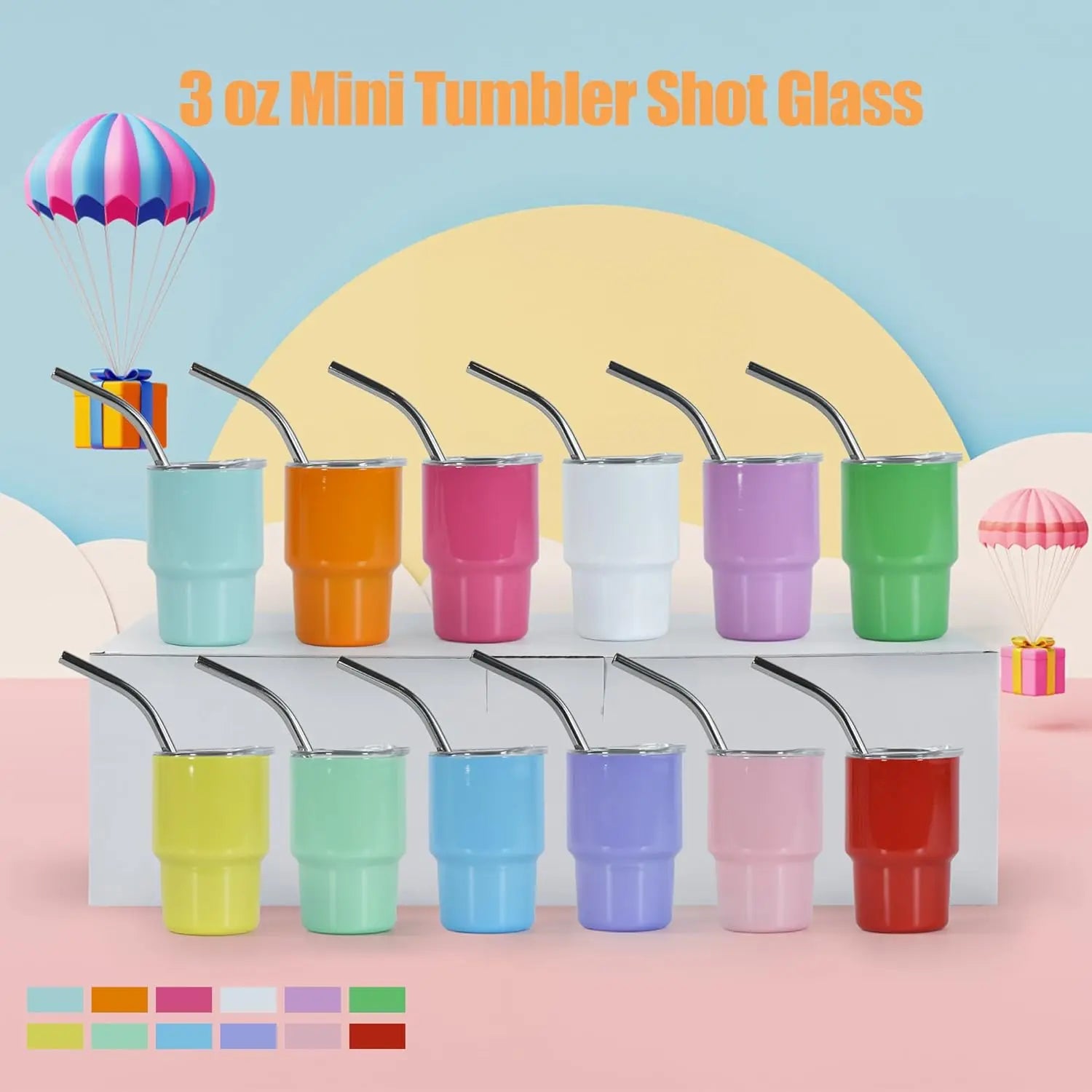 3 oz Mini Tumbler Shot Glass with Straw and Lid, 12 Pcs