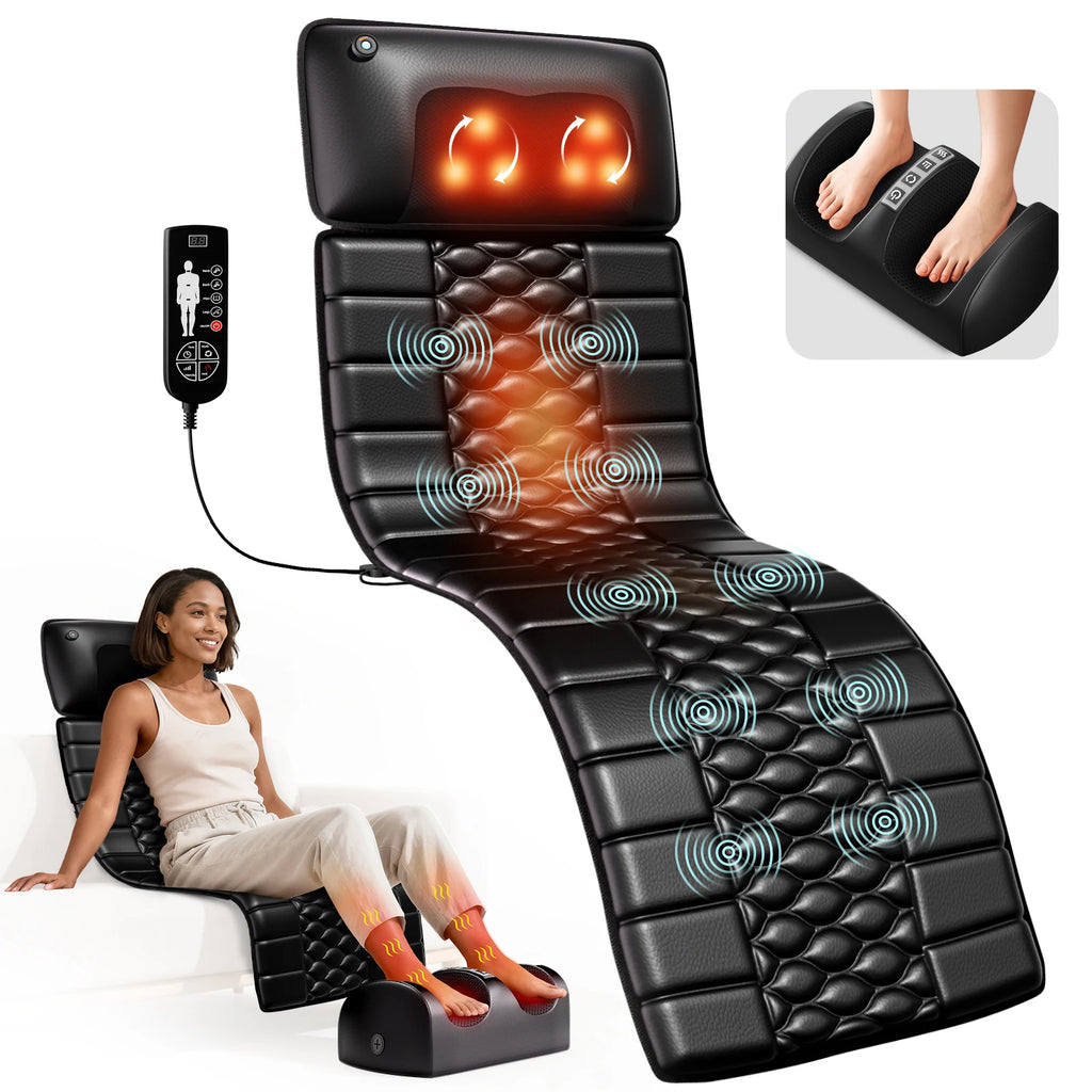 Shiatsu Full Body Massage Mat with Heat, Detachable Massager Pad, 10 Vibrating Motors, 9 Intensity Levels