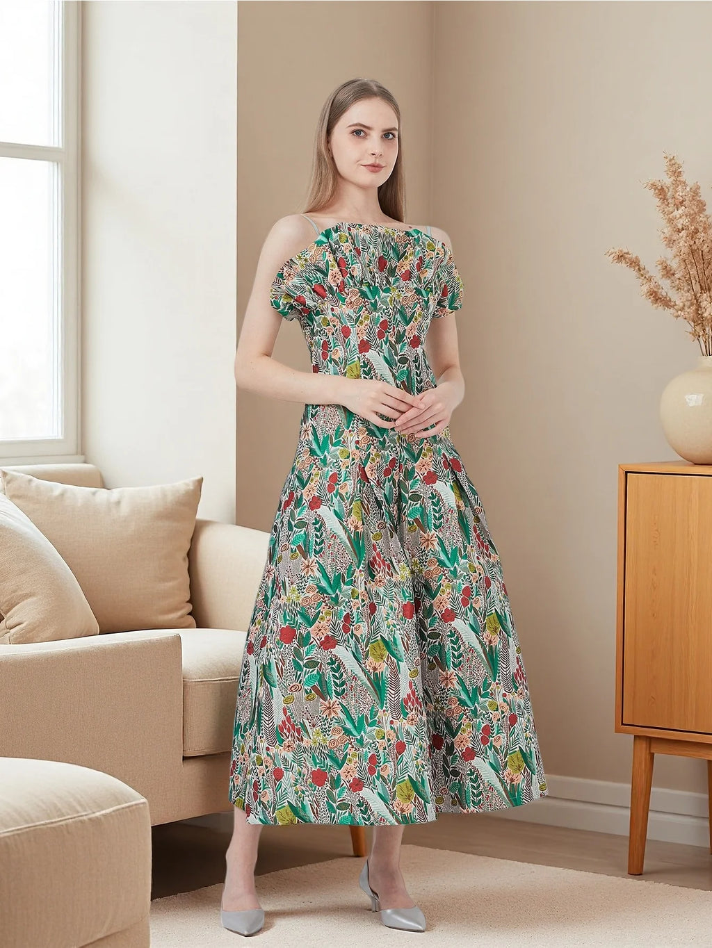 French Retro One-Shoulder Strapless Dress Floral Meadow Jacquard Waist-Defined Flared Long Dress Light