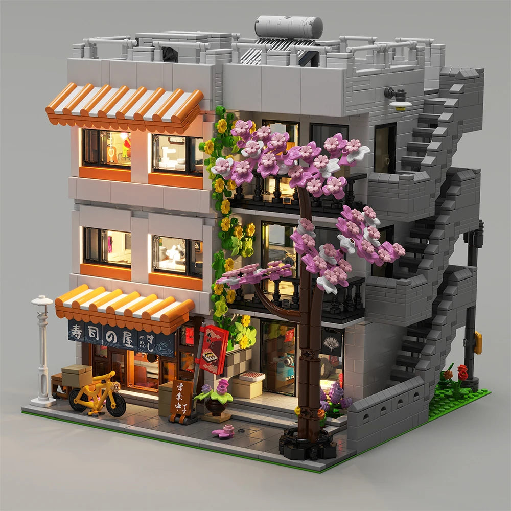 3911PCS Japanese Apartment Modular Building Blocks,with 5 Figures,Street View Model Bricks LED Light
