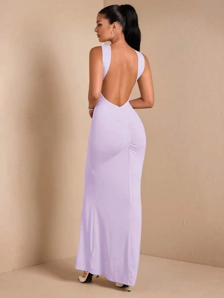 Cream Backless Sleeveless Maxi Dress with Ruched Detail for Evening Events