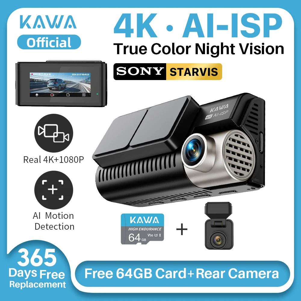 Front and Rear Dash Cam 4K WiFi Car GPS Video Recorder AI-ISP Color Night Vision Motion, Sony Starvis Dashcam