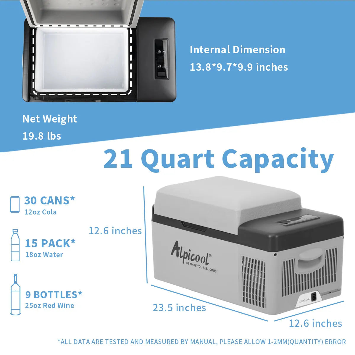 portable compressor fridge freezer 21Quart(20Liter) for car and home - 12V/24V DC and 110V AC