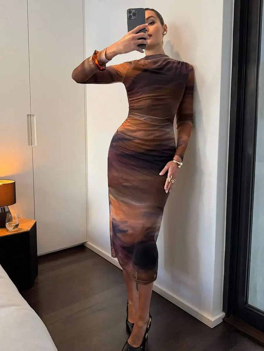 Women's Asymmetrical Ruched Mesh Knit Midi Dress with Gradient Print