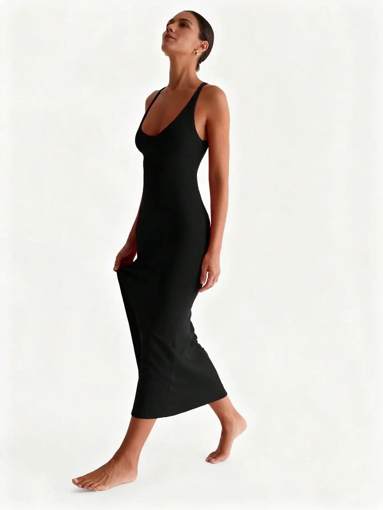 Ribbed Knit V-Neck Maxi Dress With Criss-Cross Back, Stretch Bodycon Fit For Evening Or Summer