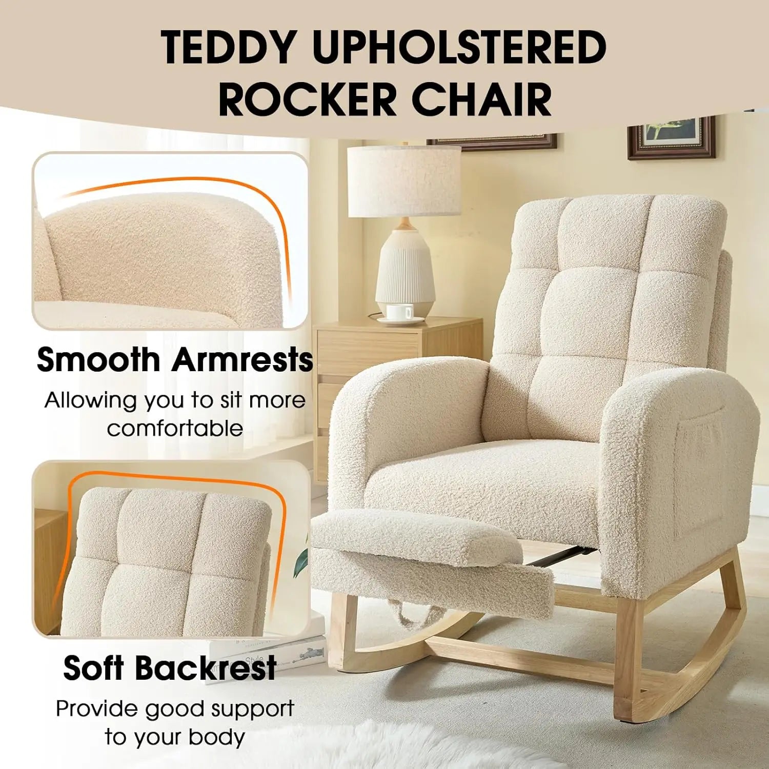 Modern Nursery Rocking Chair, Teddy Upholstered Rocking Chair with Footrest, Comfortable Rocker Recliner