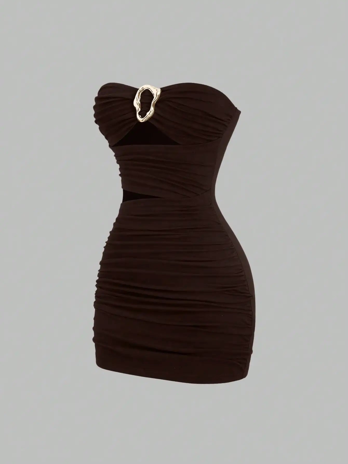 Ruched Strapless Mini Dress With Cutout Waist And Ornamental Metal Ring