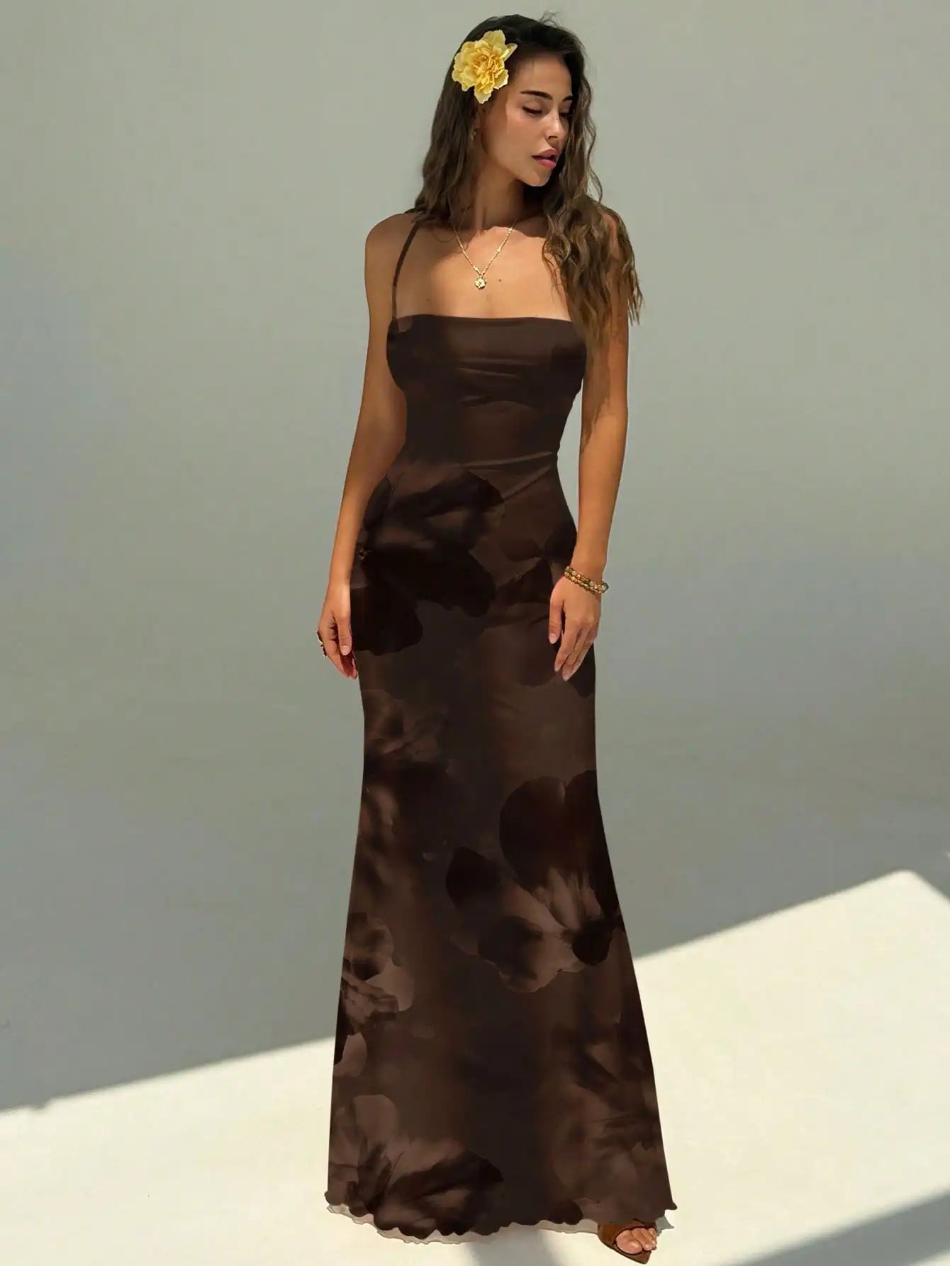 Womens Backless Strappy Maxi Dress With Floral Ombre Tie-Dye Print For Summer Beach Festival