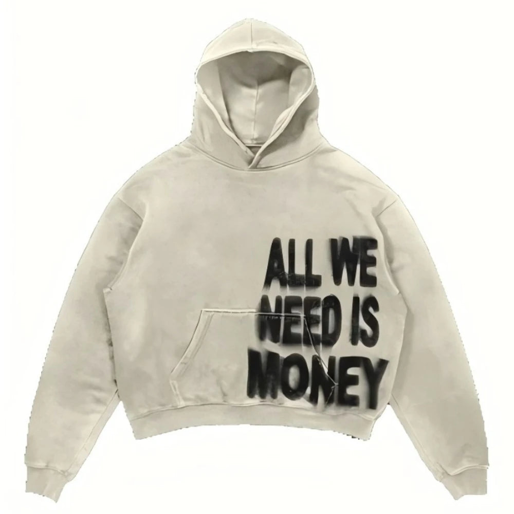Pink Hoodies All We Need Is Money Letter Print Y2K Loose Hip Hop Street Hooded Sweatshirt Unisex