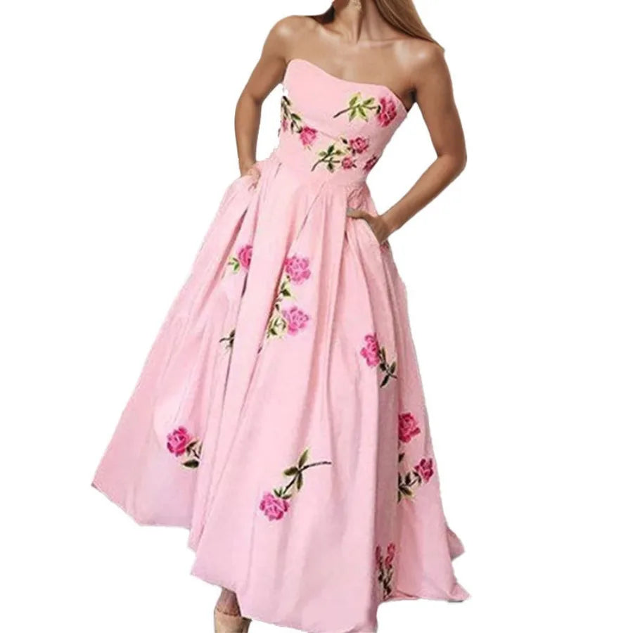 Sleeveless printed dress elegant high-waisted tube top dress long dress