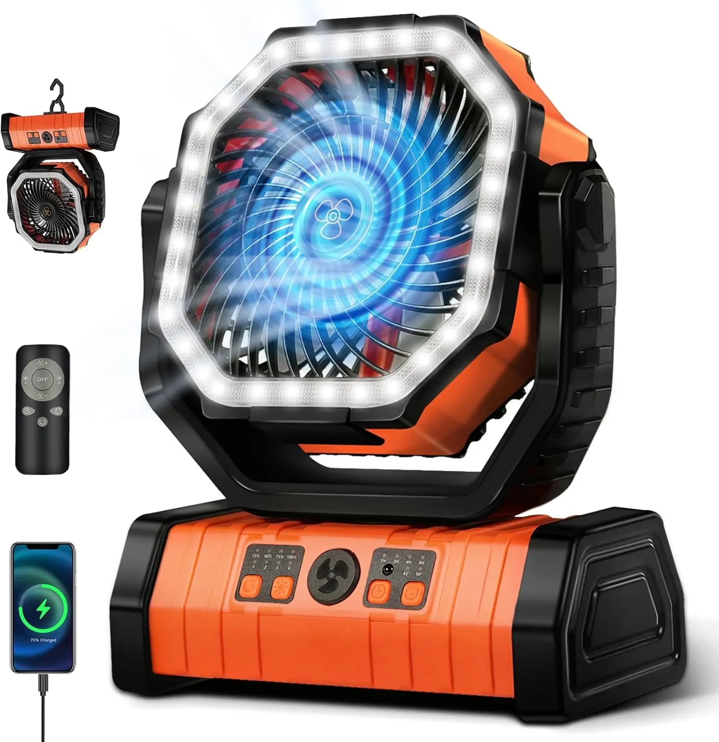20000mAh Rechargeable Fan: 360° Head, 4 Speeds, LED, Quiet for Outdoor/Home.