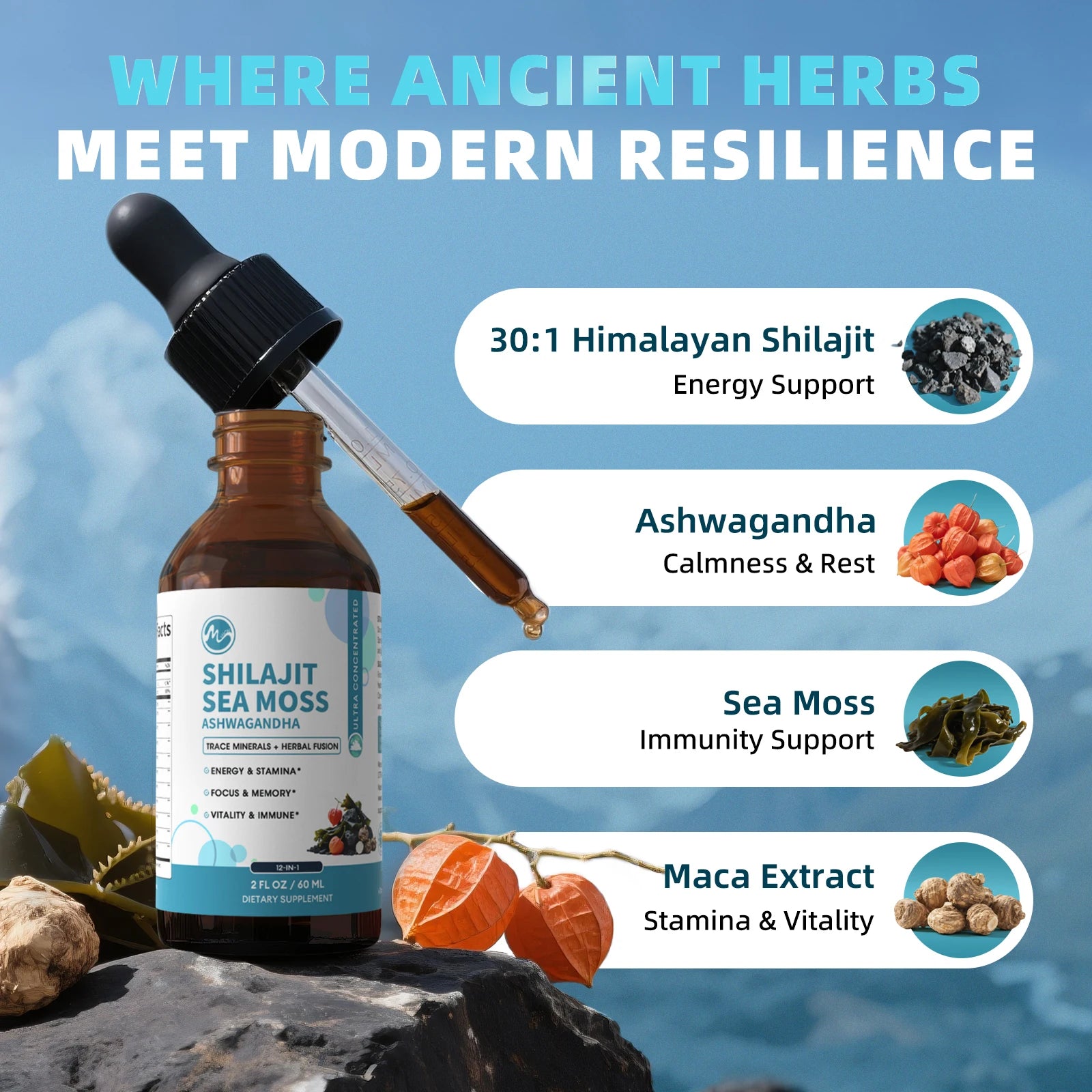 12-in-1 Shilajit Drops with Sea Moss,Ashwagandha,Maca & Ginkgo Biloba Supplement with 85+ Trace Minerals and Fulvic Acid