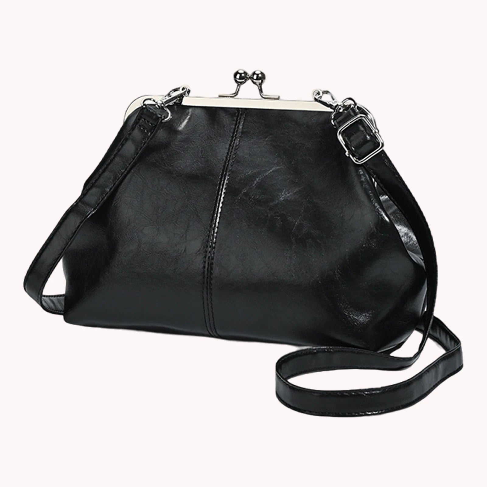 Leather Solid Color Shoulder Bag with Adjustable Strap Elegant Kiss Lock Shoulder Bag
