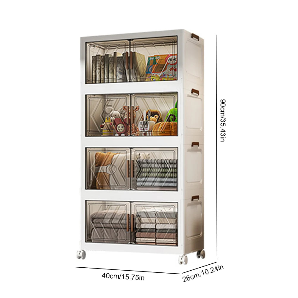 4 Tier Folding Storage Boxes with Doors & Wheels Plastic Storage Containers Foldable Organization
