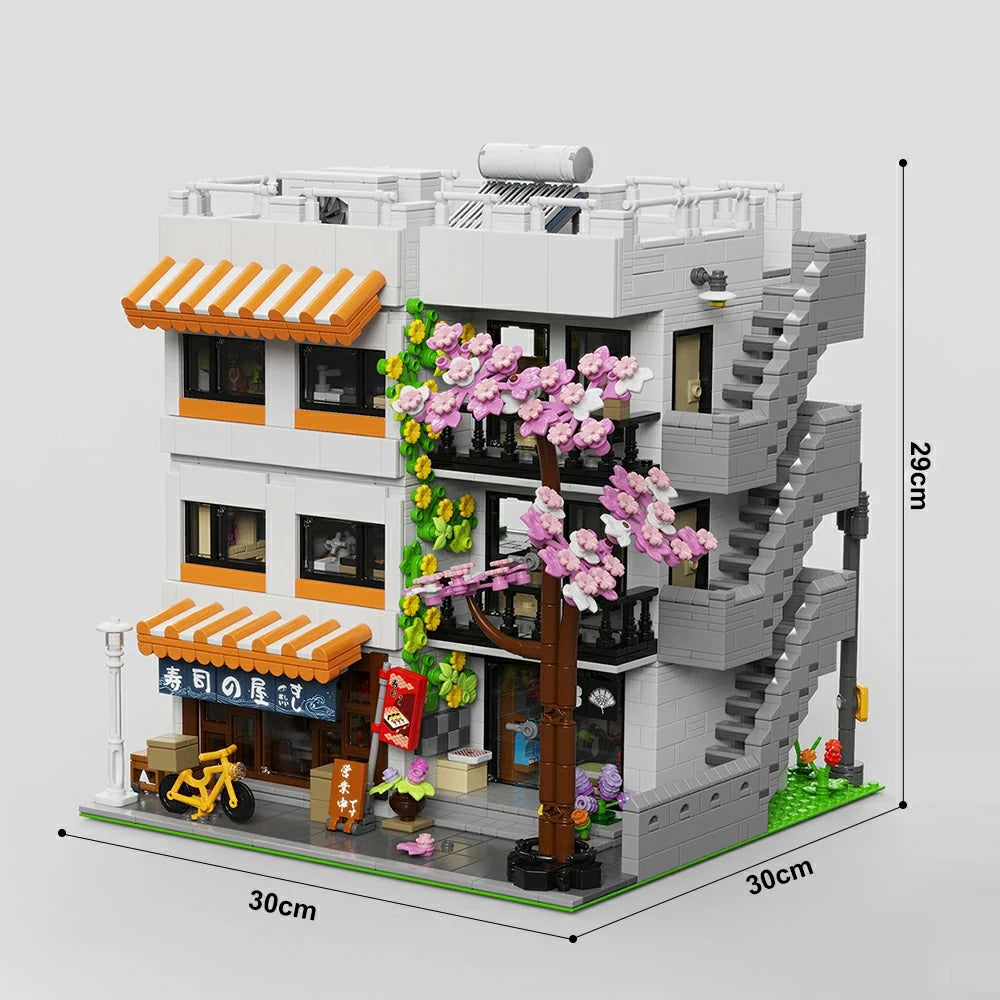 3911PCS Japanese Apartment Modular Building Blocks,with 5 Figures,Street View Model Bricks LED Light