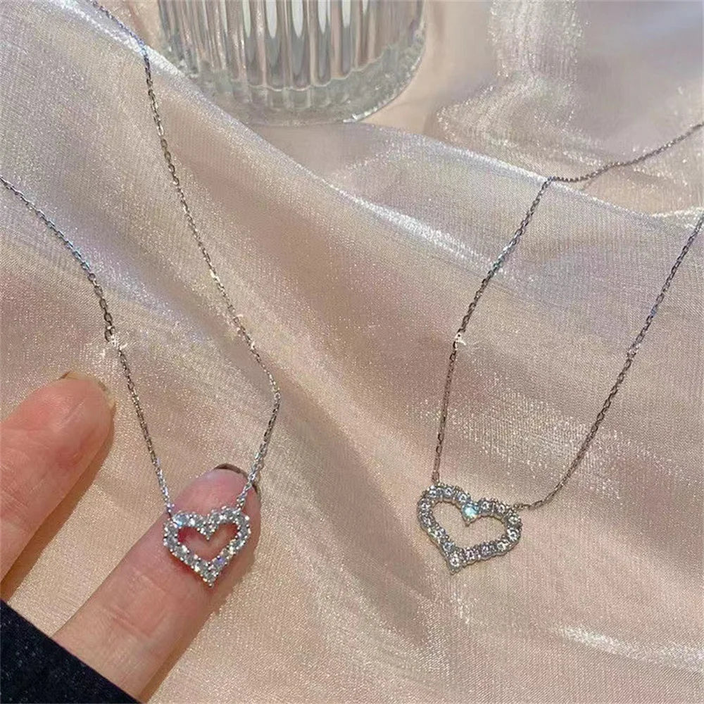 Crystal Hollow Love Pendant Necklace Romantic Zircon Simple Necklace For Women Trendy Jewelry Accessories