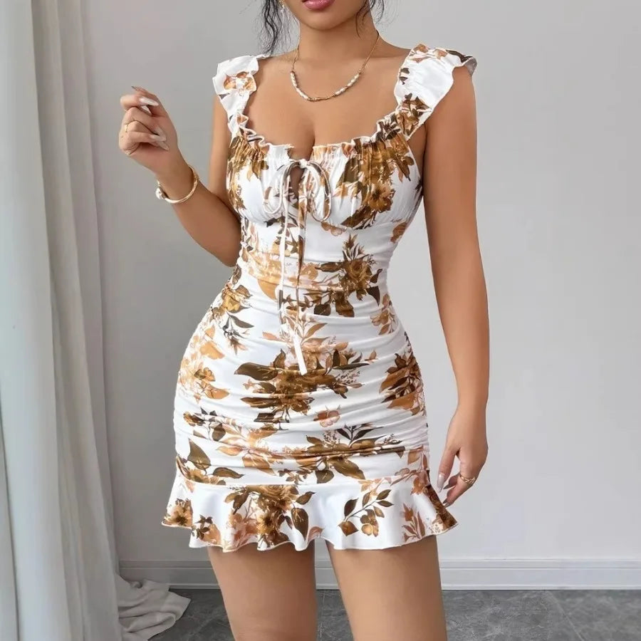 French summer - flower printing and dyeing dress retro waist slim short skirt