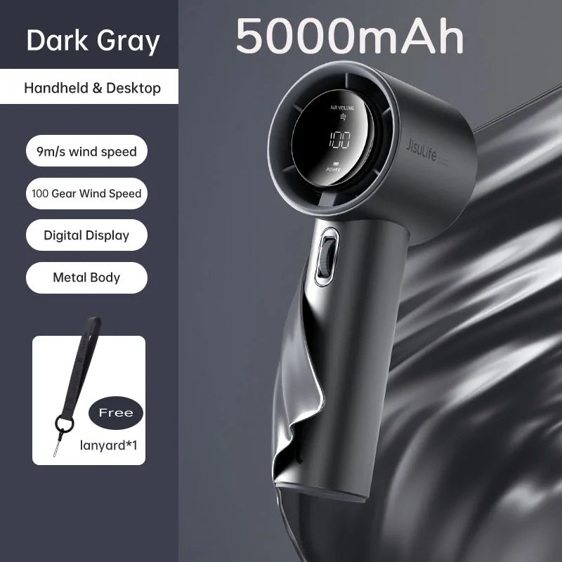 JISULIFE Mini Portable Hand Fan, 100 Wind Speeds, 5000mAh USB Battery Rechargeable, LED Digital Display
