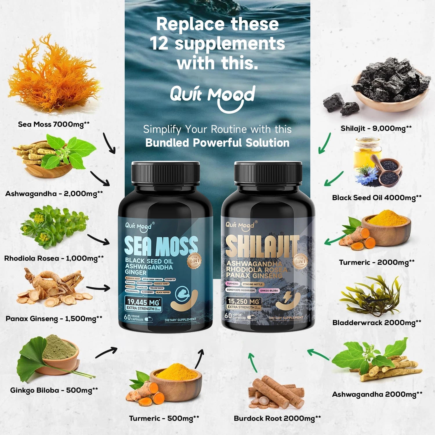Shilajit 9000 Panax Ginseng 1500MG Ashwagandha 2000MG Rhodiola Rosea 1000MG, Turmeric 500MG,